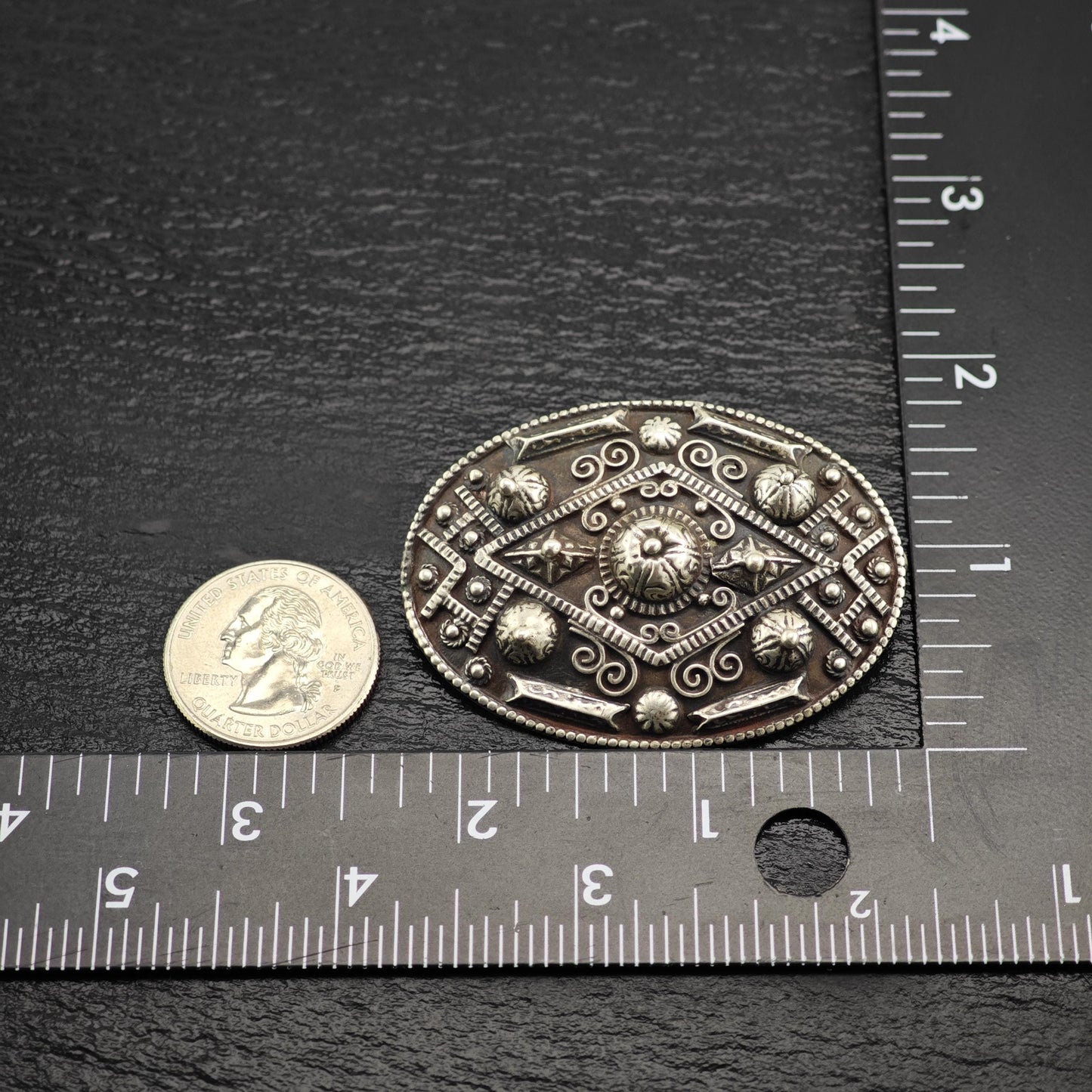 Vintage Tribal Sterling Silver Oval Brooch Unique Artisan Jewelry