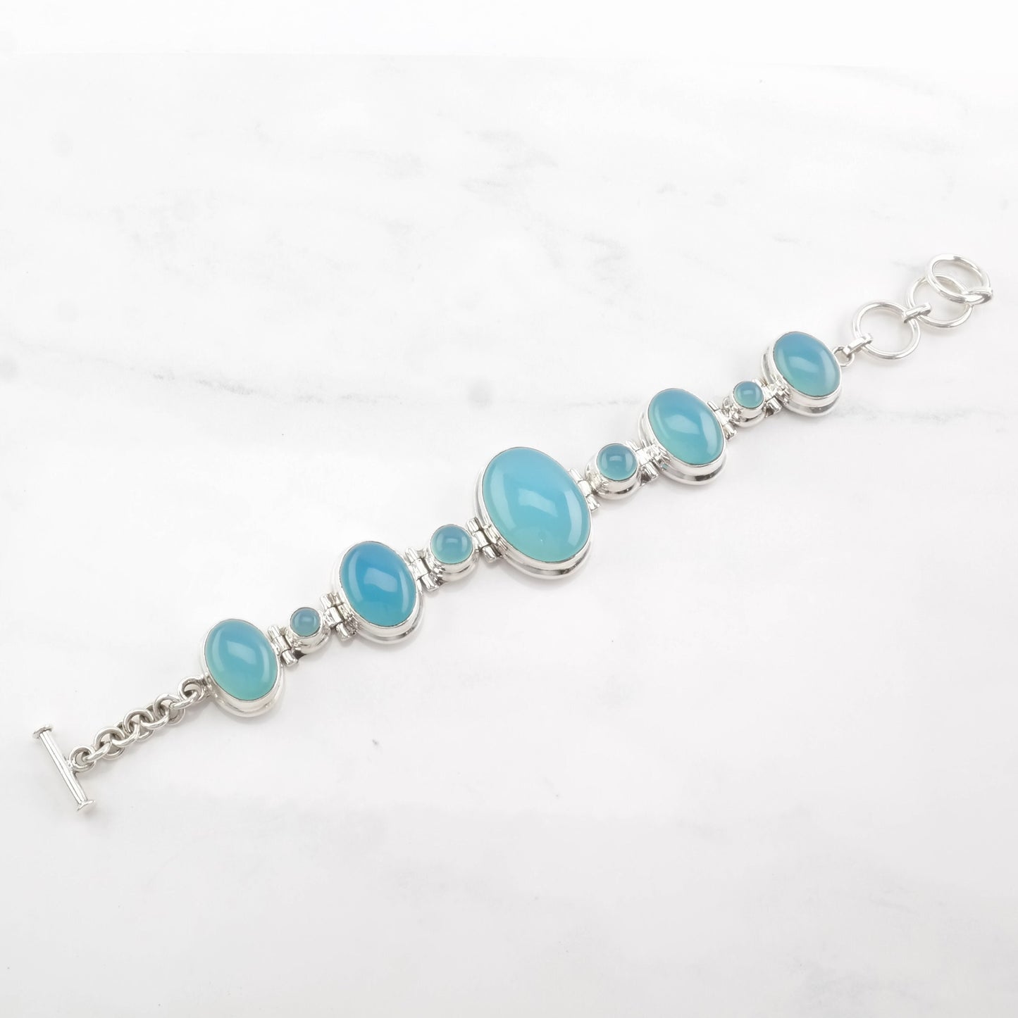 Vintage Blue Gem Silica Bracelet Sterling Silver Link Chalcedony Toggle Clasp