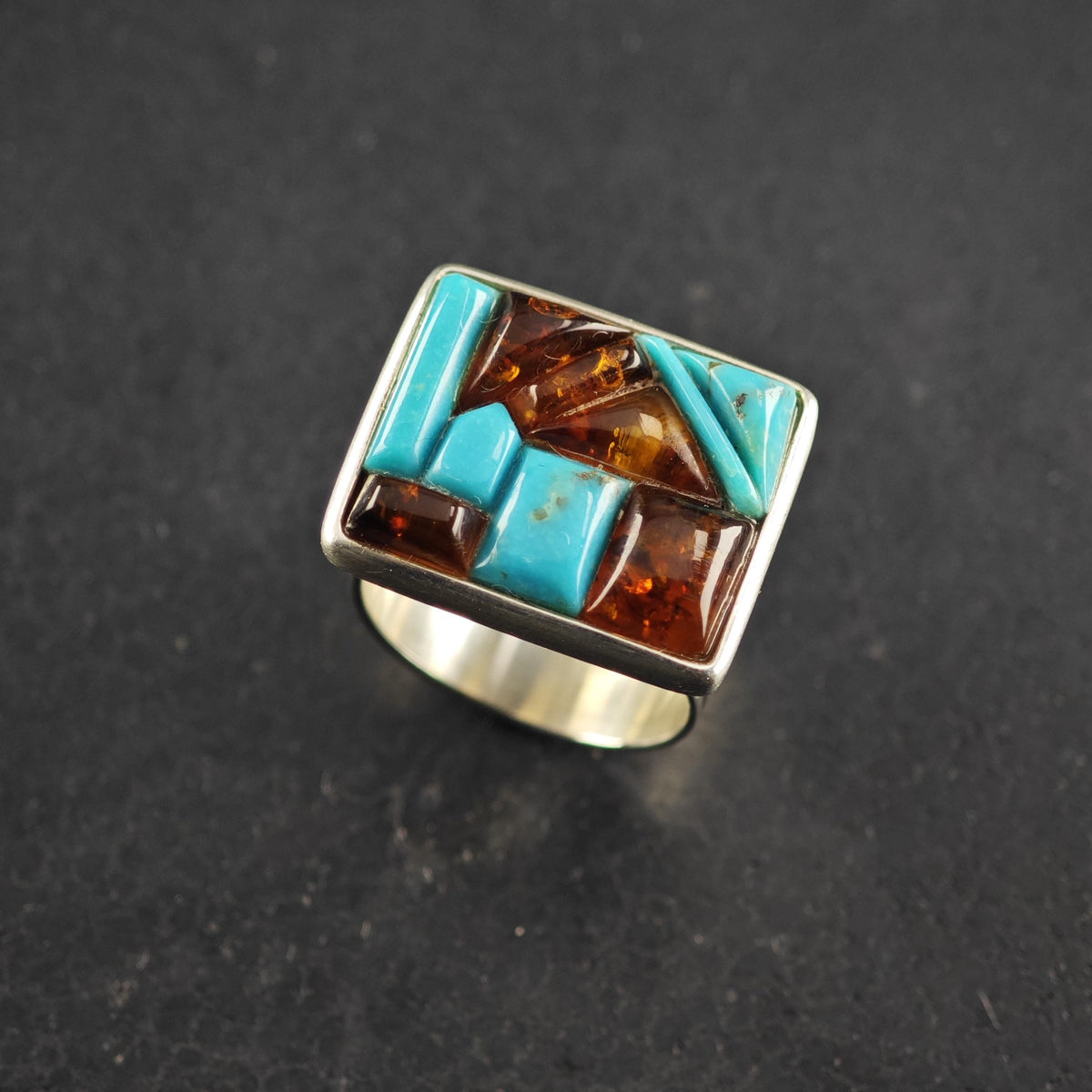Turquoise Amber Inlay Rectangle Sterling Silver Ring Sz 7 R6865