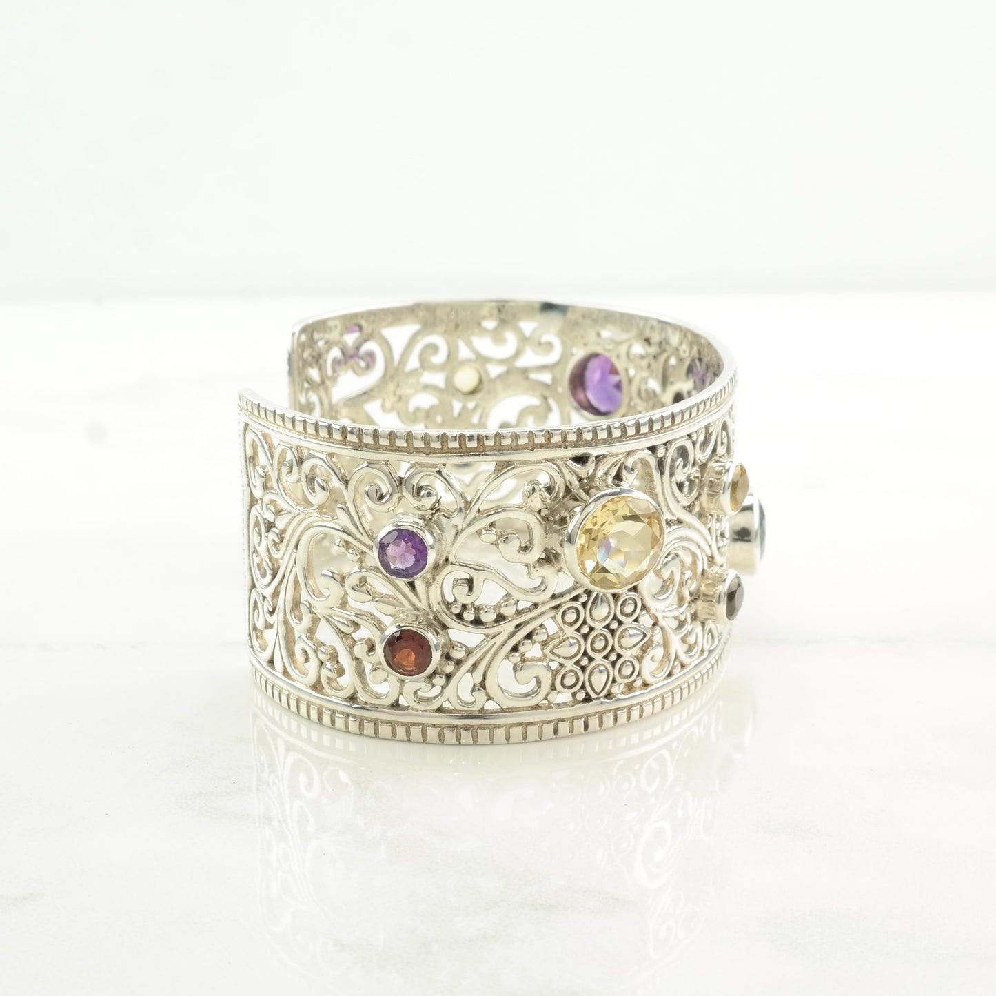 Samuel B Sterling Silver Cuff Bracelet Topaz, Garnet, Amethyst Open Filigree