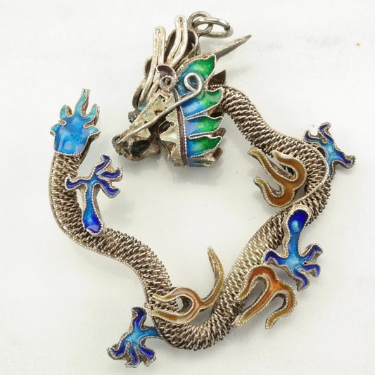 Vintage Chinese Export Enamel Dragon Sterling Silver Pendant