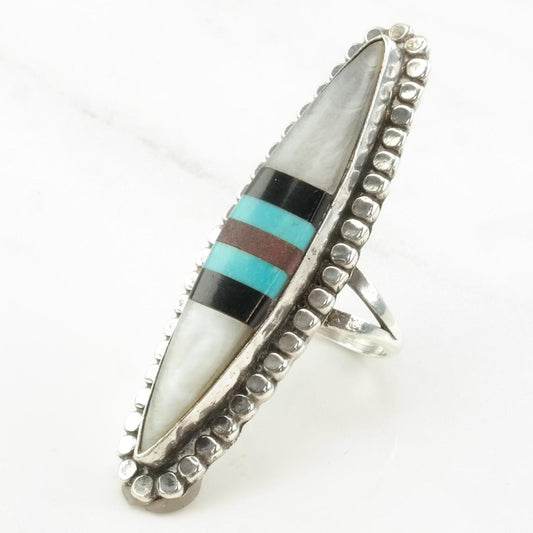 Vintage Zuni Silver Ring MOP Onyx Turquoise Navette Long Oval Inlay Sterling Size 6 1/2