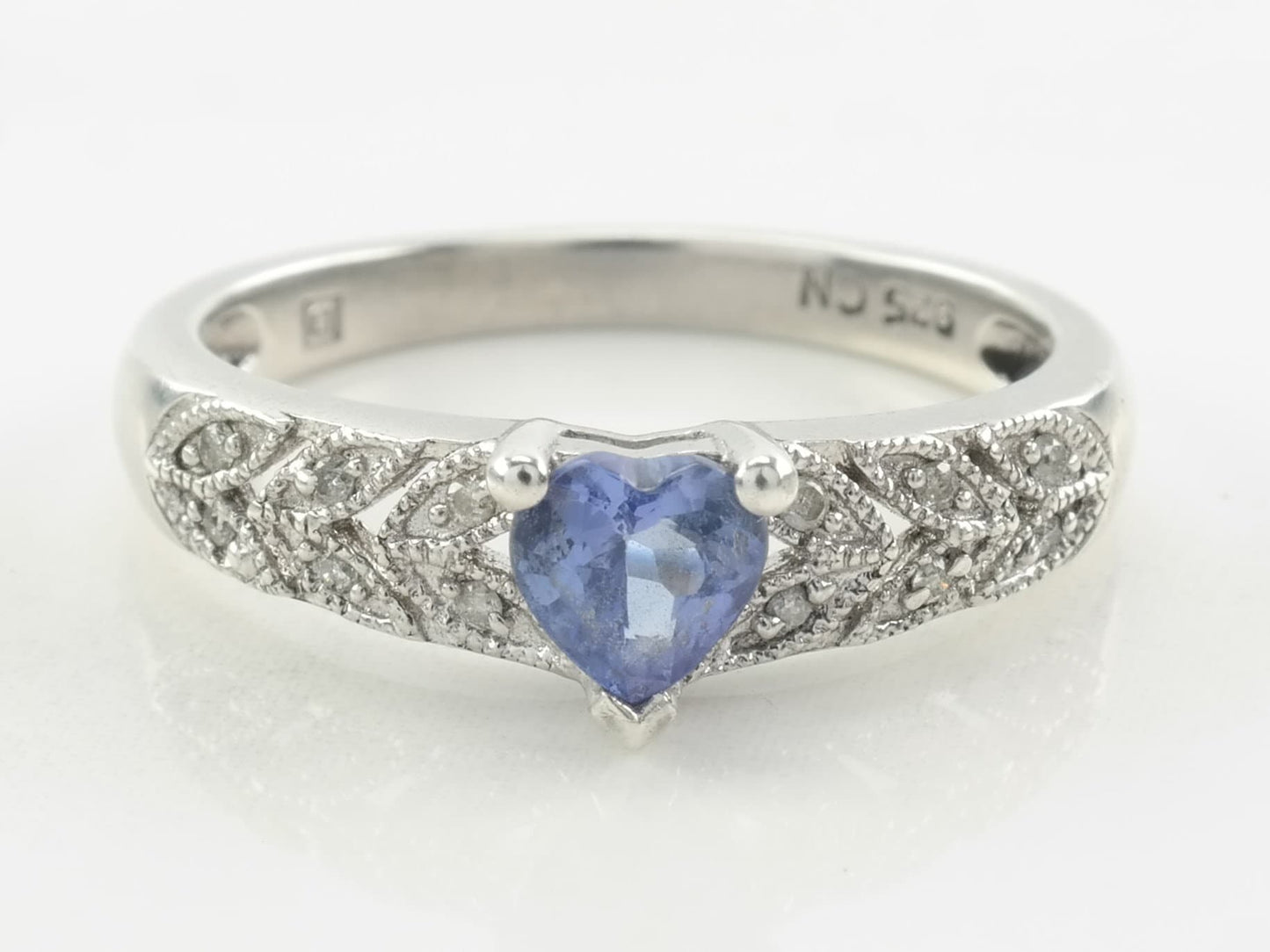 Sterling Silver Heart Ring Tanzanite, Diamond Size 6 3/4