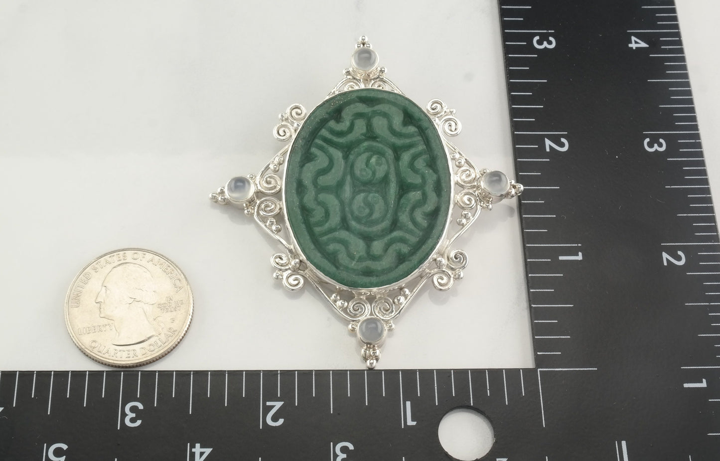 Vintage Sajen Carved Jade Pendant, Brooch Sterling Silver Green