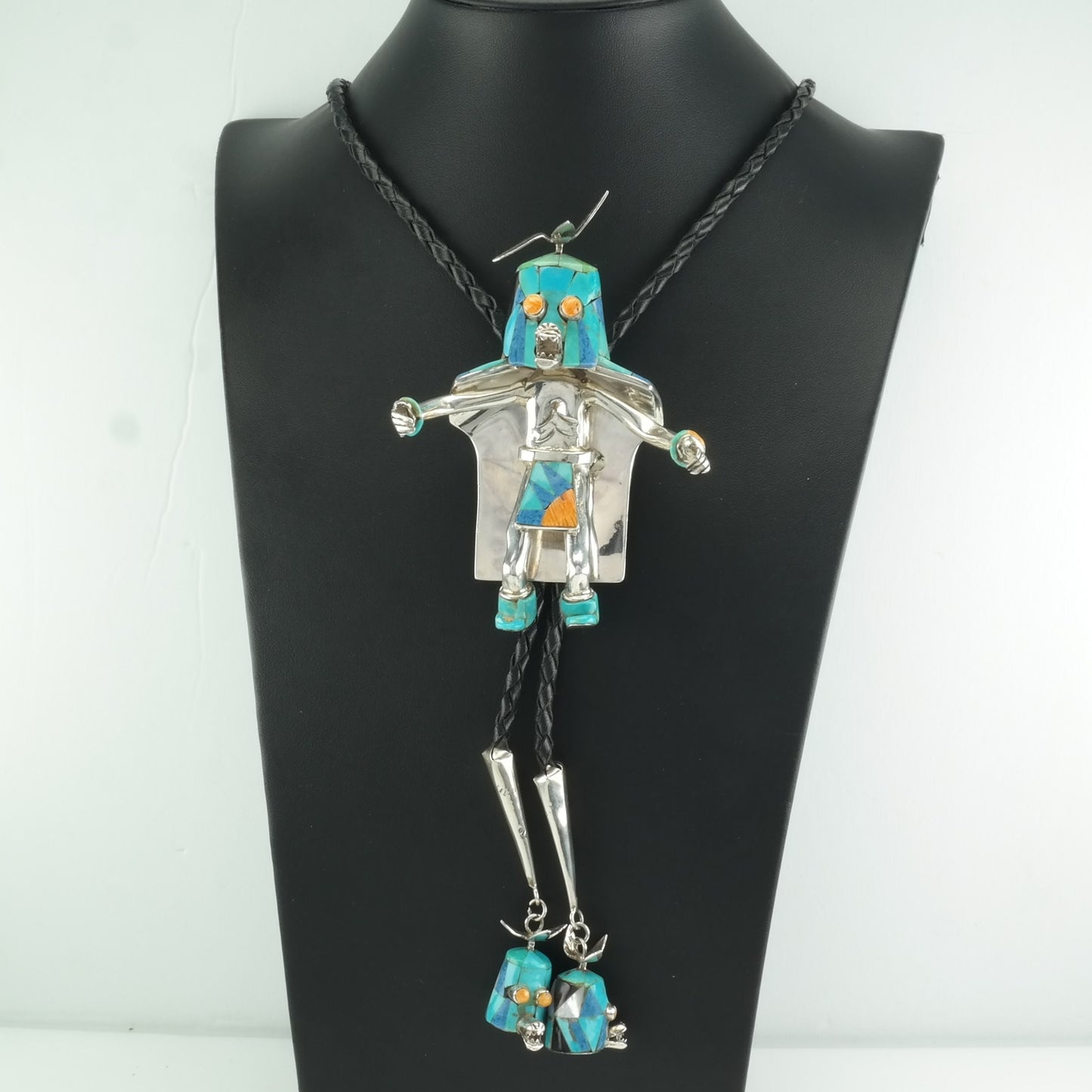 Native American Bolo Tie Sterling Silver Turquoise Inlay Kachina Necklace Attr. Carlos White Eagle