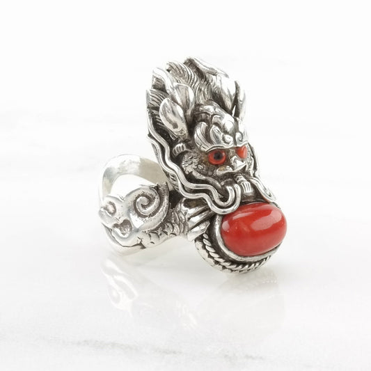 Chinese Export Silver Ring Coral Dragon Sterling Red Size 6 3/4