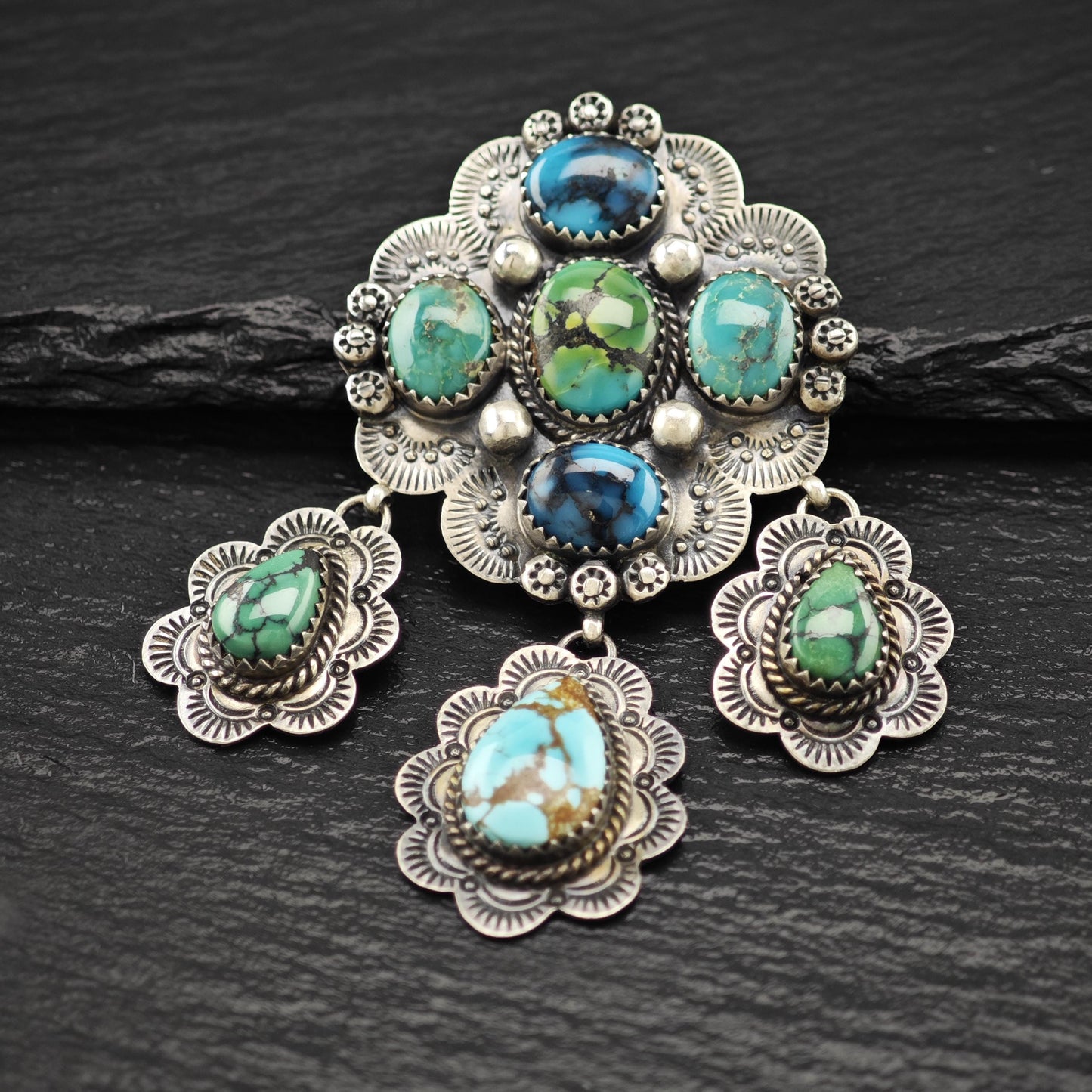 Native American Turquoise Brooch, Floral Stamped Sterling Silver
