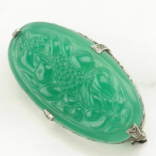 Art Deco Sterling Silver Brooch Floral, Grapes Green Carved Chrysoprase