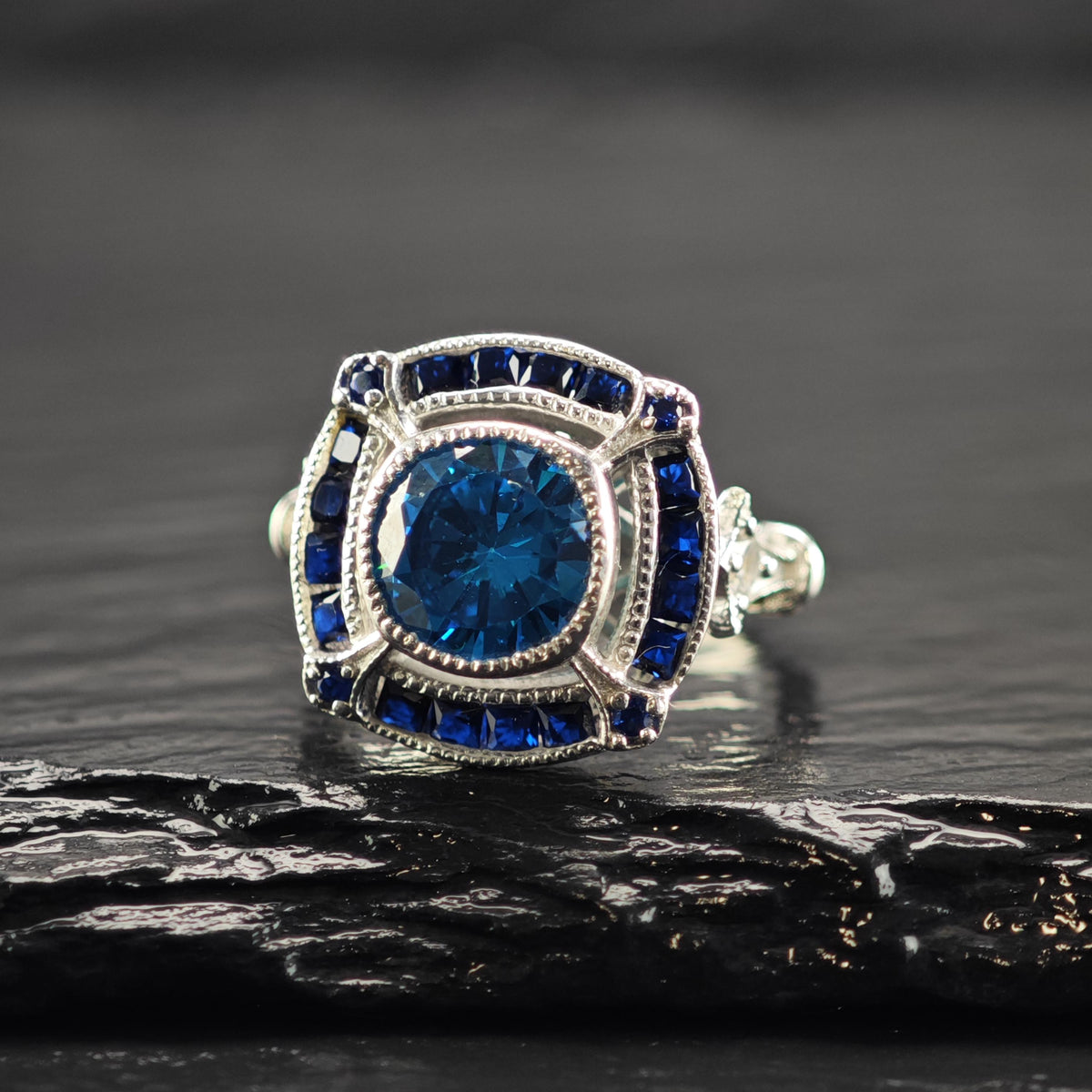 Art Deco Style Blue Gemstone Sterling Silver Ring Sz 5 R6818