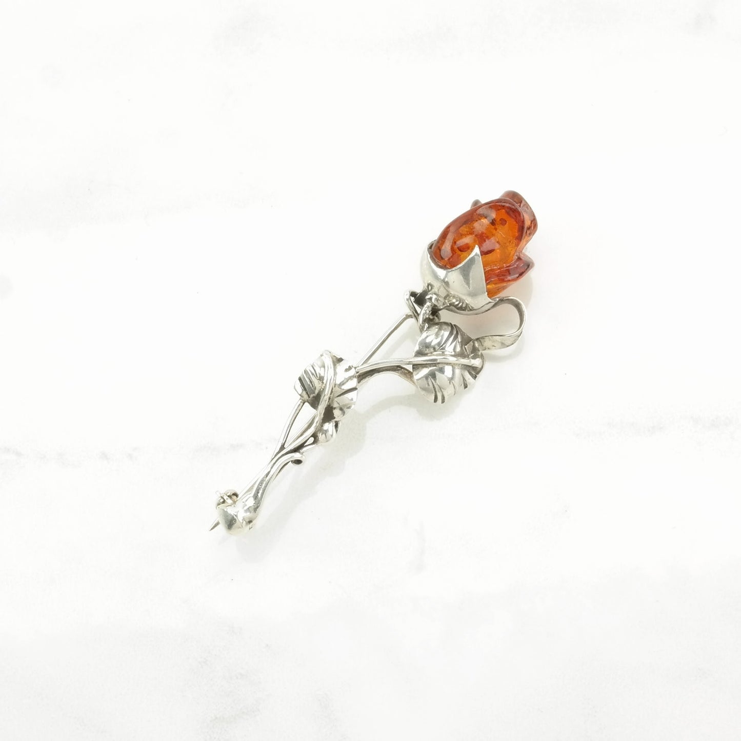 Vintage Orange Silver Brooch Rose Amber Sterling