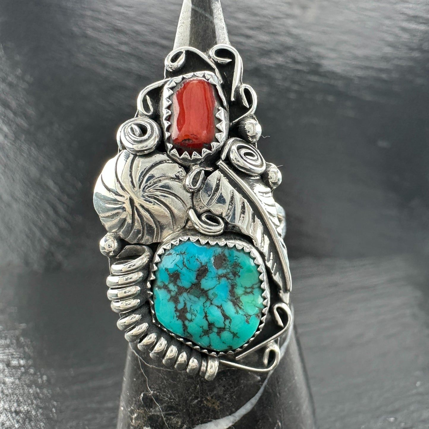Native American Turquoise Coral Ring Sterling Silver R5825