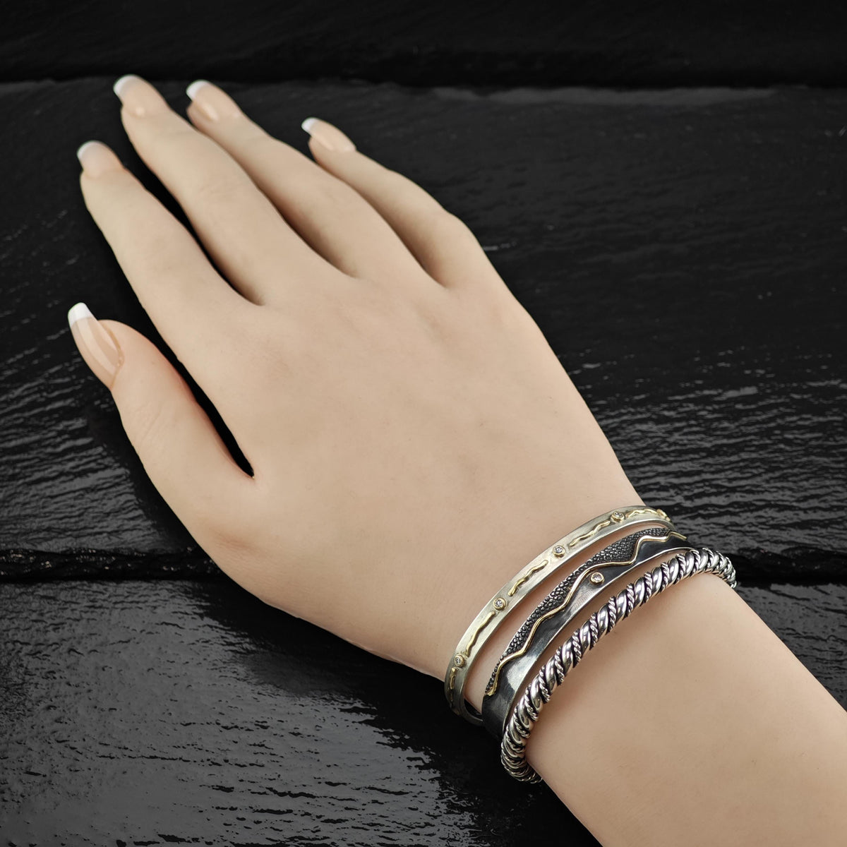 Artist Signed Diamond 14K Gold Accent, Sterling Silver Cuff Bracelet Sz 6" BR3175
