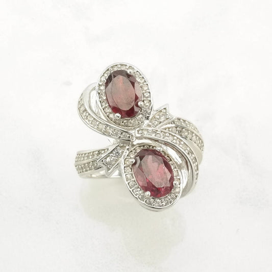 Sterling Silver Ring, Garnet White Zircons Ribbon Pink Size 5