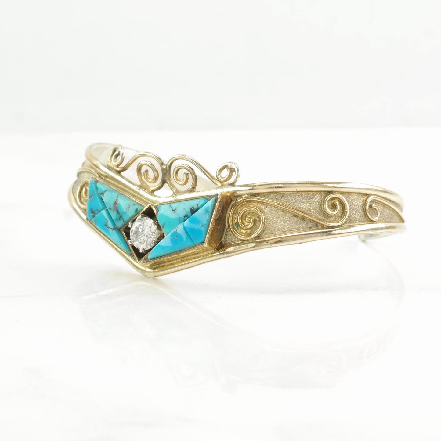 Native American Sterling Silver Cuff Bracelet Blue Turquoise, White Gemstone 12K Gold Filled