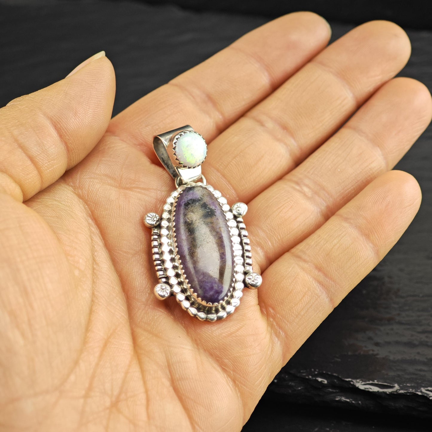 Vintage Running Bear Sugilite Lab Opal Pendant Sterling Silver P3056