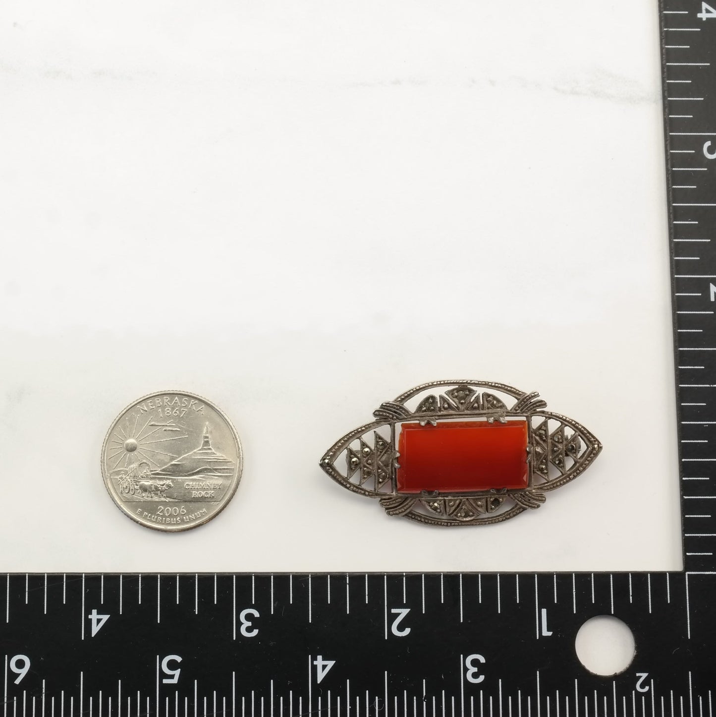 Art Deco Sterling Silver Brooch Carnelian Marcasite