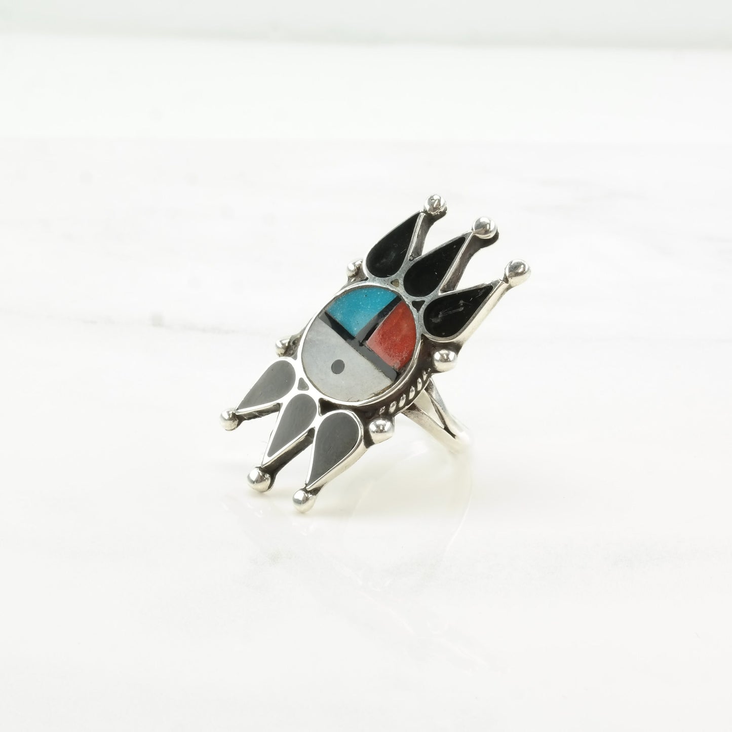 Native American Silver Ring Coral Turquoise MOP Onyx Inlay Sun Sterling Size 7 1/2