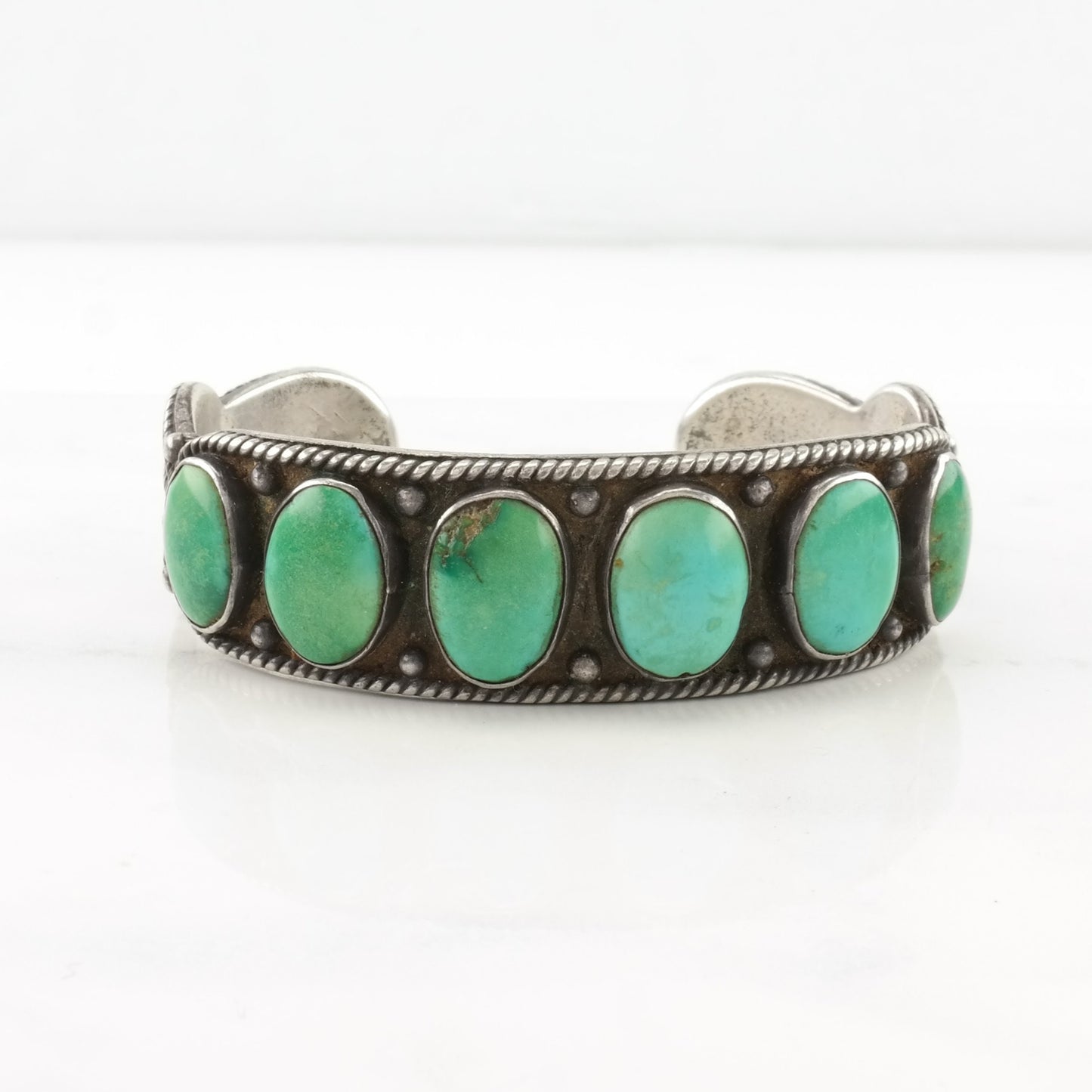 Ingot Silver, Native American Sterling Silver Cuff Bracelet Green, Blue Turquoise 5 Stone