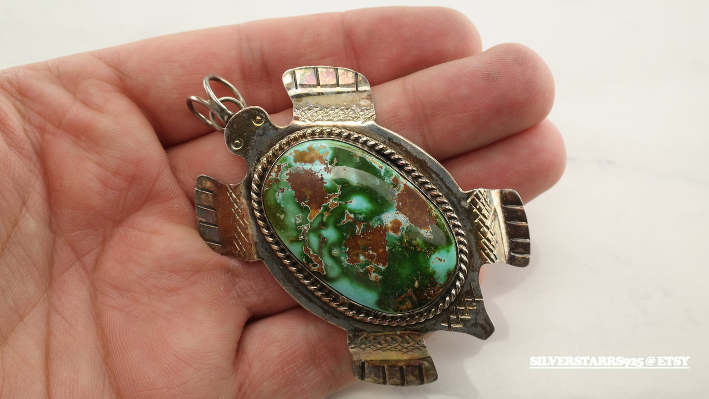 Native American Royston Turquoise Turtle Sterling Silver Pendant Blue Green