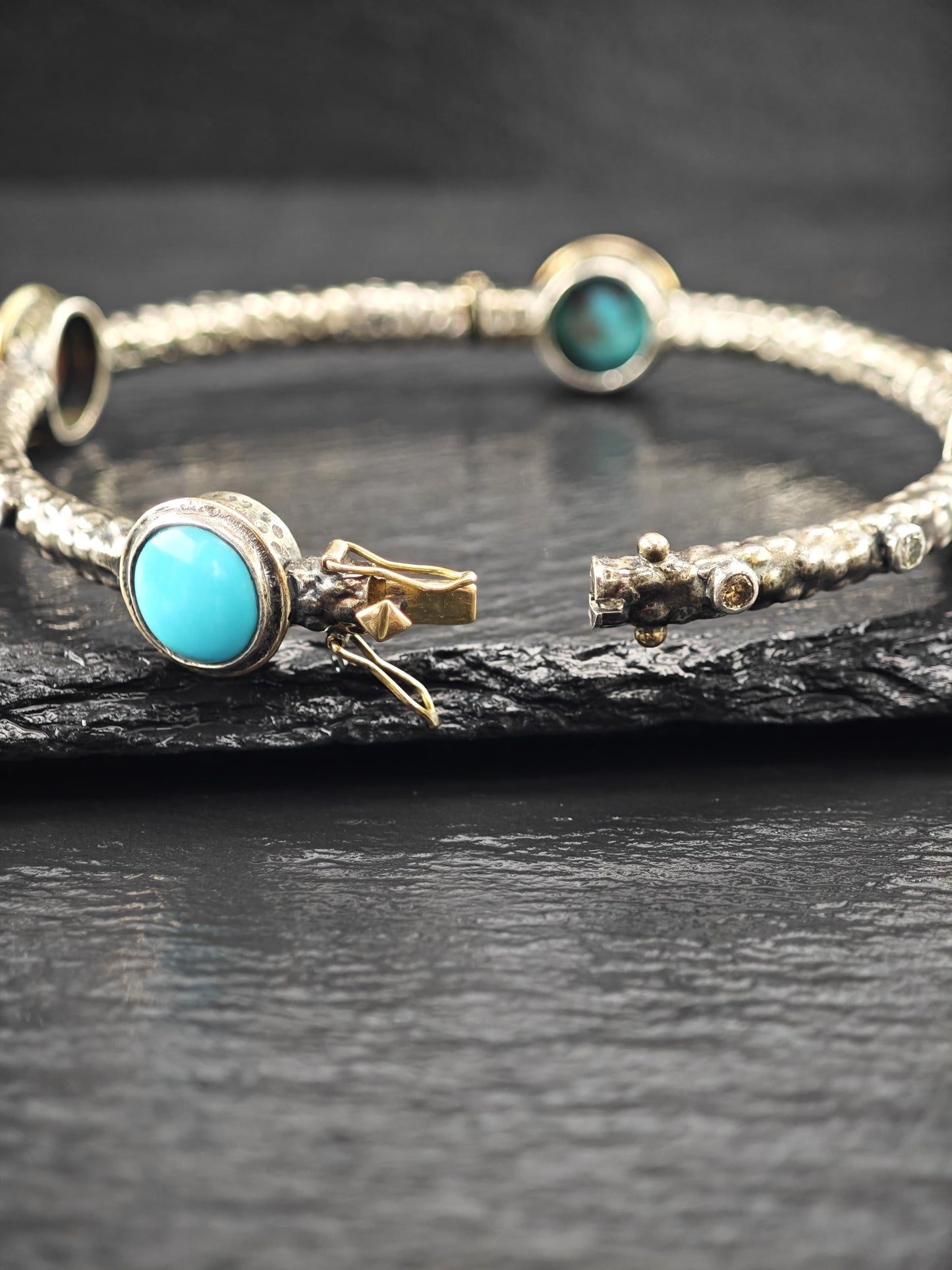 Brutalist Turquoise Diamond 18K Gold Accent Sterling Silver Bangle Bracelet