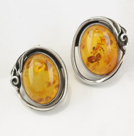 Art Novaue Style Sterling Silver Orange Amber Earrings Stud