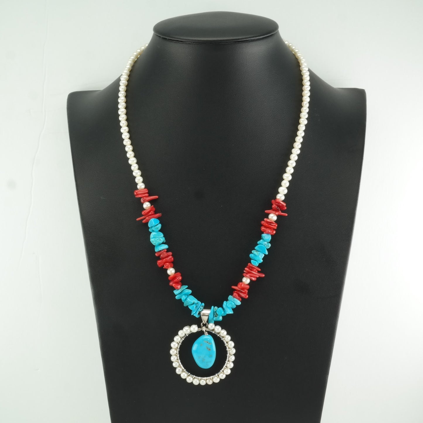 Sterling Silver Blue, Red Coral, Turquoise Pearl Necklace