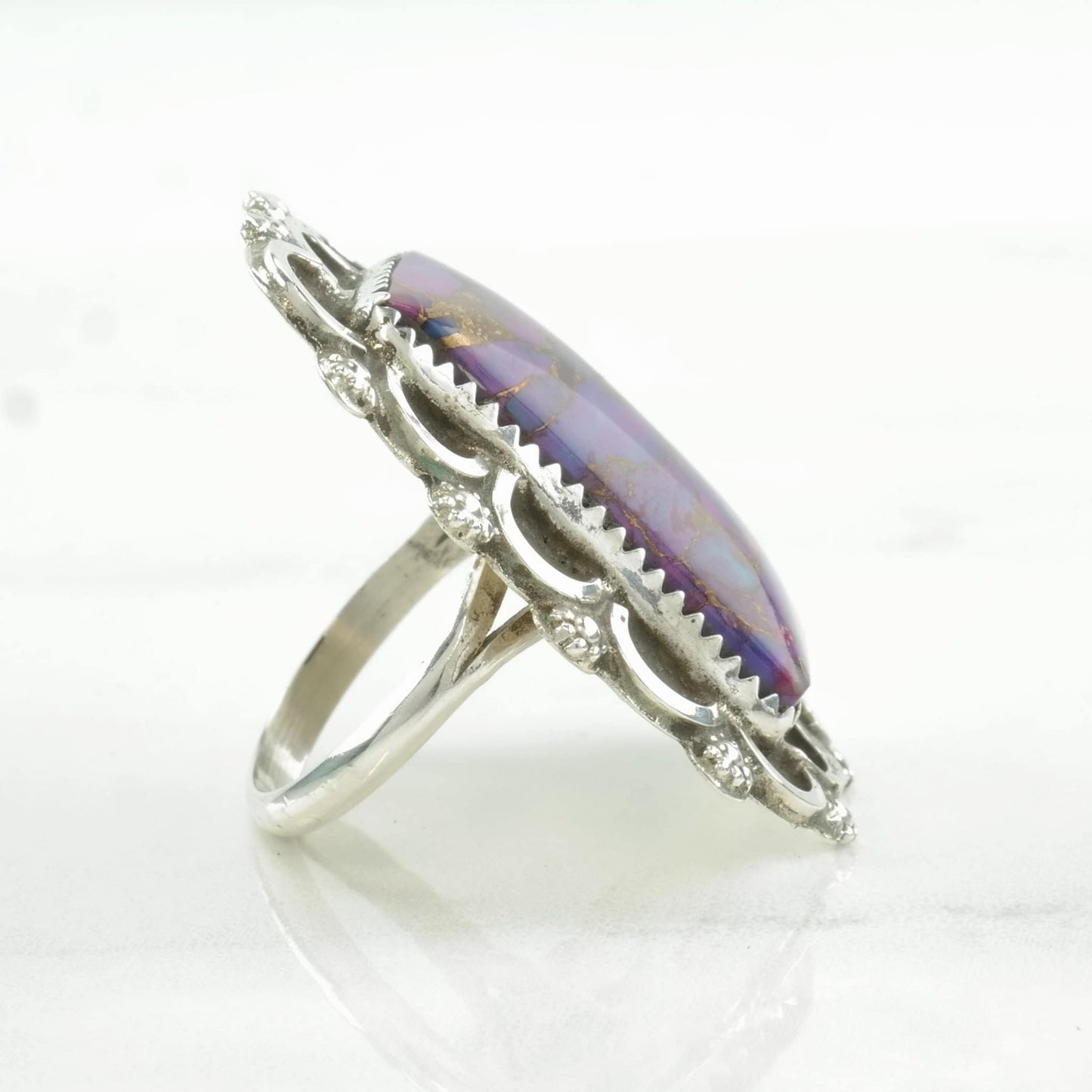 Southwest Silver Ring Purple Copper Dyed Turquoise Scallop Sterling Size 8