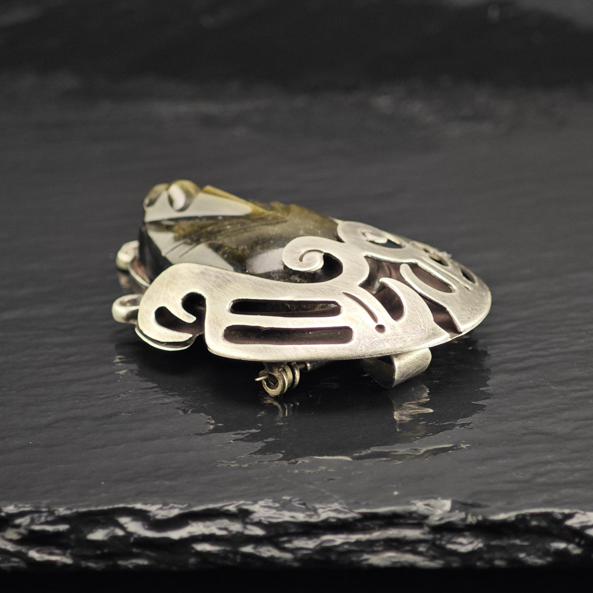 Carved Obsidian Face Sterling Silver Brooch/Pendant P3127