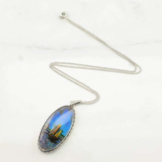 English Sterling Silver Blue, Iridescent Butterfly Wing Painted Boats Necklace