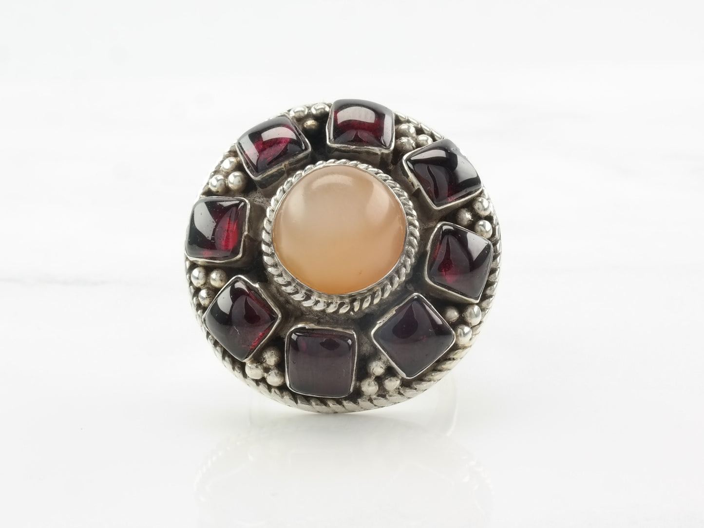 Modernist Silver Ring MOP, Garnet Sterling Size 5 3/4