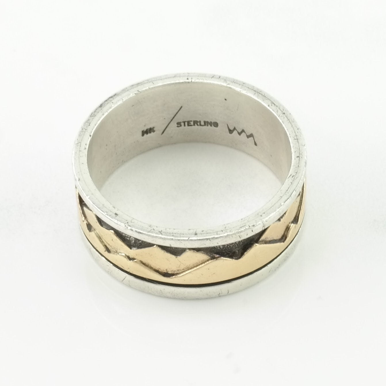 Vintage Native American Silver Ring Mountains 14K Gold Accents Sterling Size 9 1/2