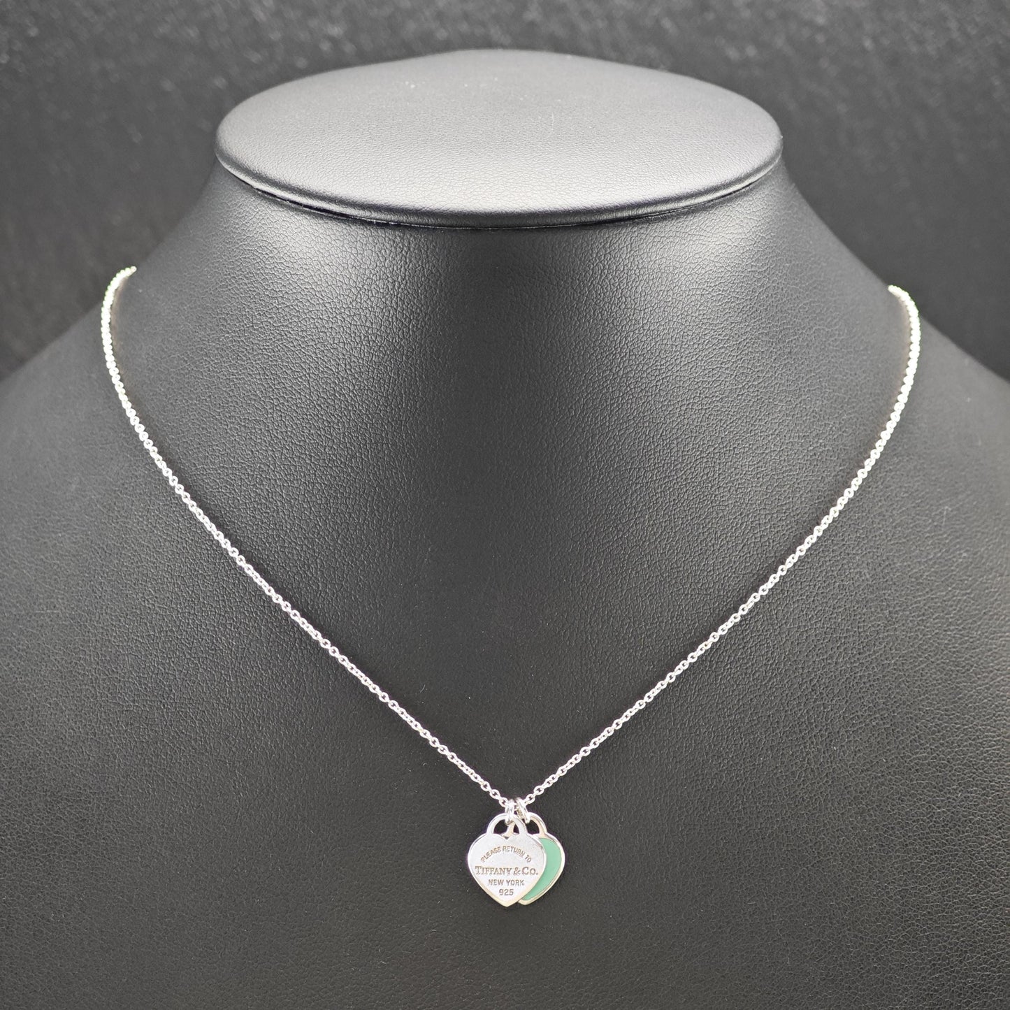 Vintage Tiffany Sterling Silver Teal Double Heart Enamel Necklace