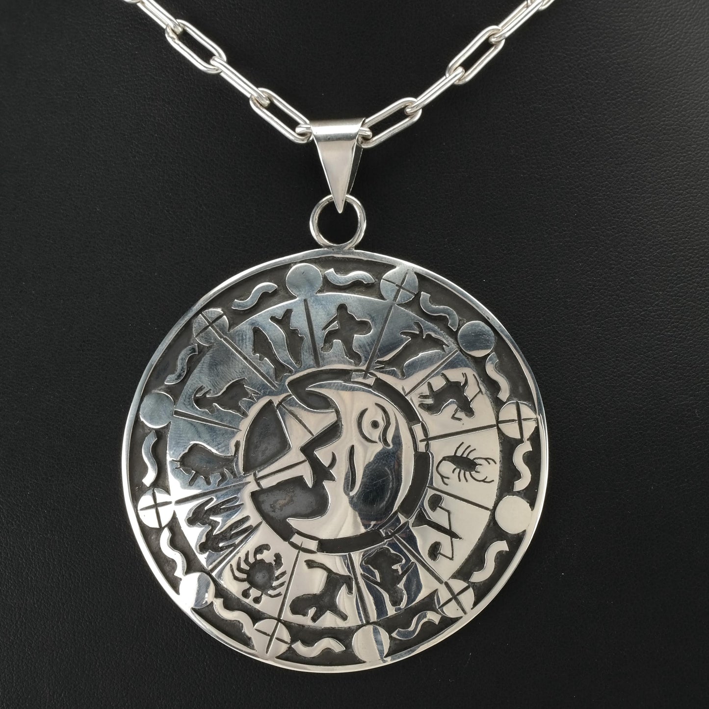 Taxco Zodiac Pendant Necklace, Sterling Silver, Large Round Pendant, Paperclip Chain, 1980s