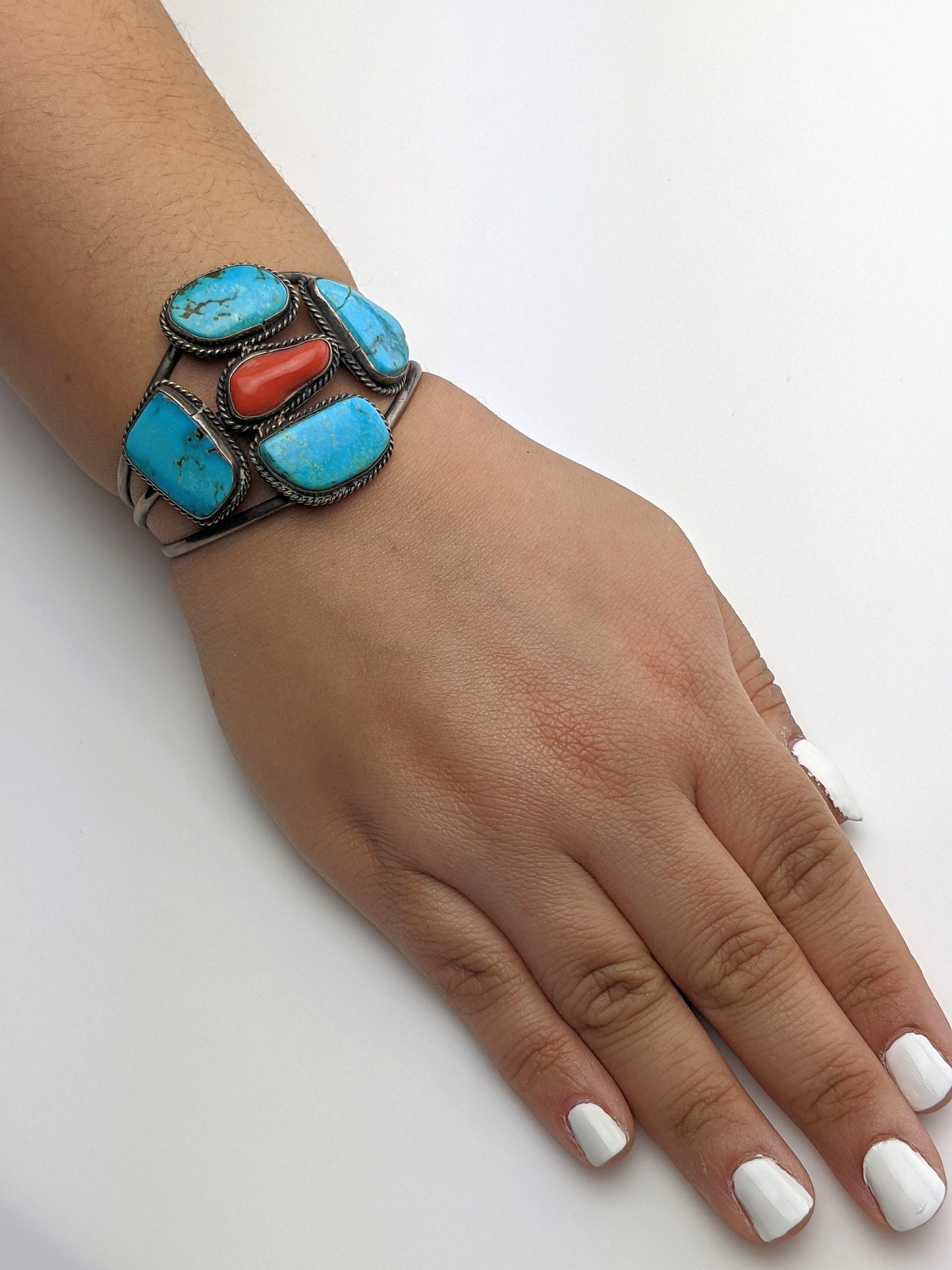 Native American Sterling Silver Cuff Bracelet Blue, Orange Turquoise, Coral