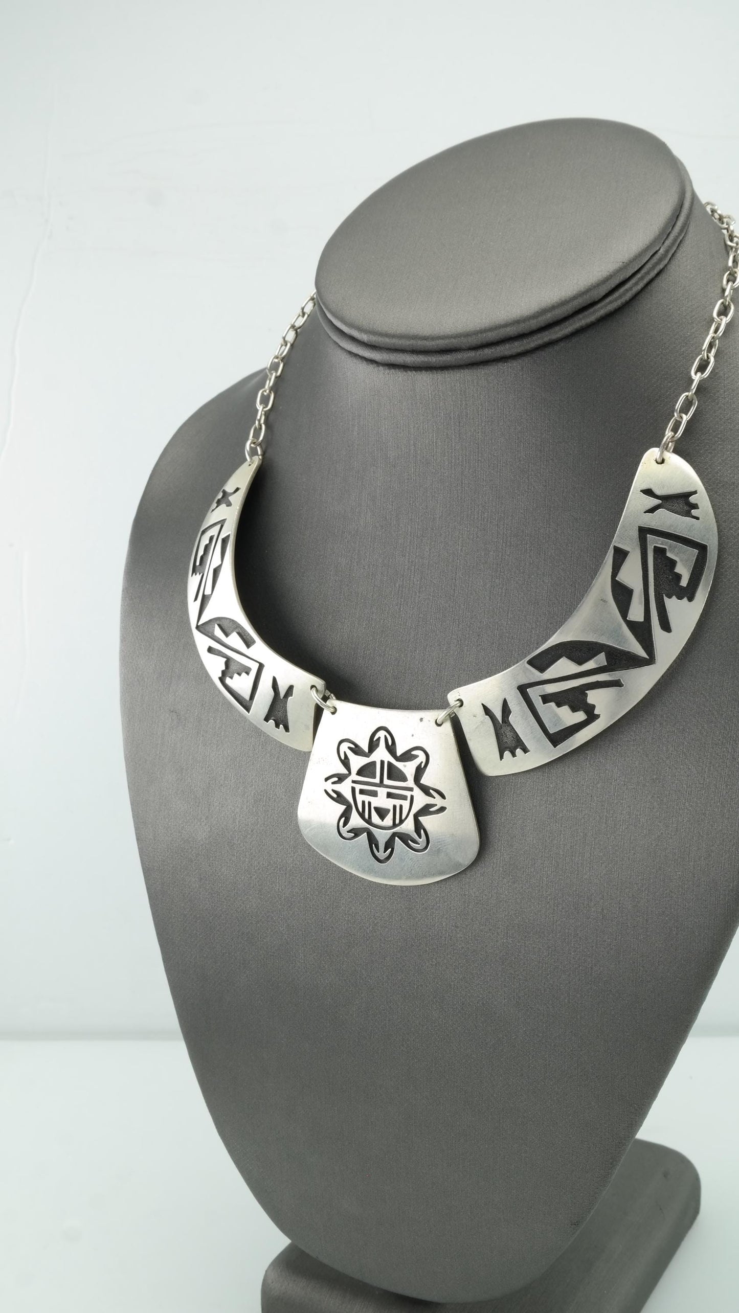 Hopi Sterling Silver Overlay Necklace with Sunface Pendant, Native American, 1980s