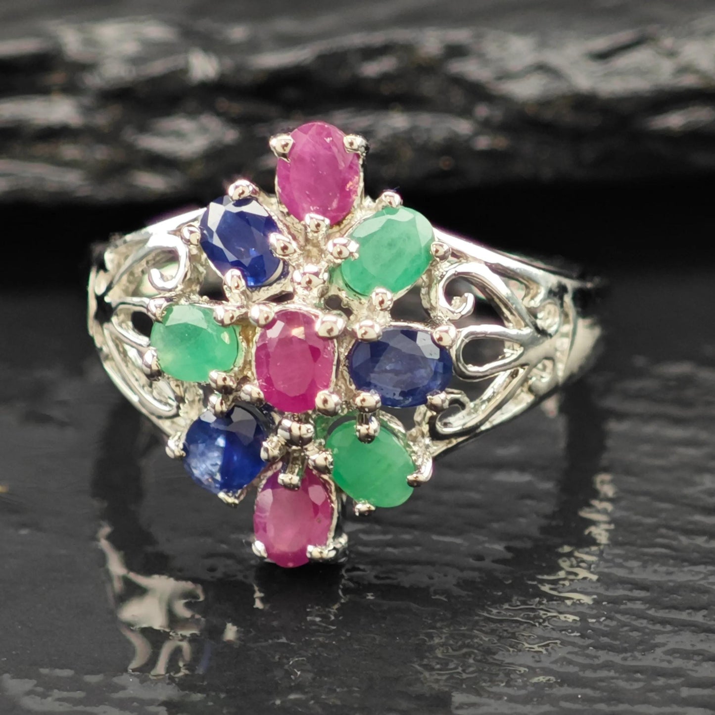 Sapphire Ruby Emerald Ring Sterling Silver Sz 6 3/4 R6210