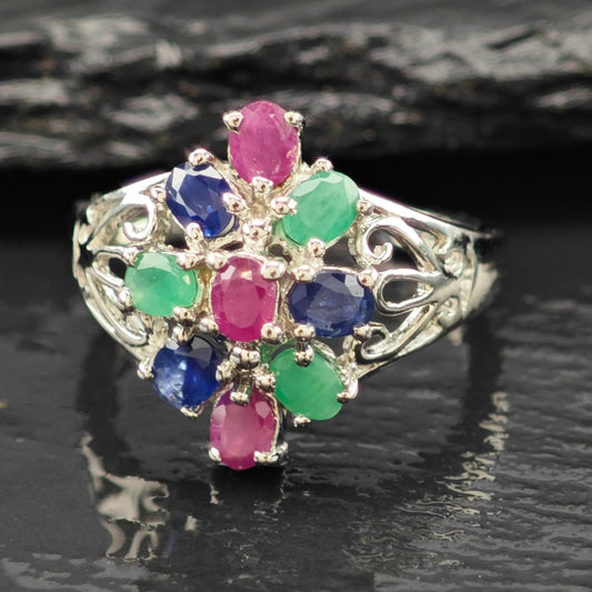 Sapphire Ruby Emerald Ring Sterling Silver Sz 6 3/4 R6210