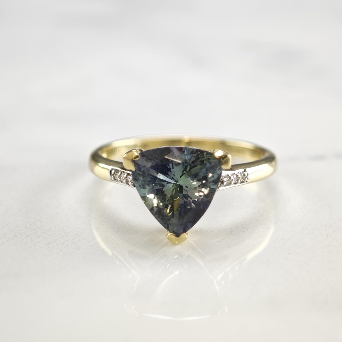 Triangular Tanzanite & Diamond 14K Gold Ring Sz 7 R6785