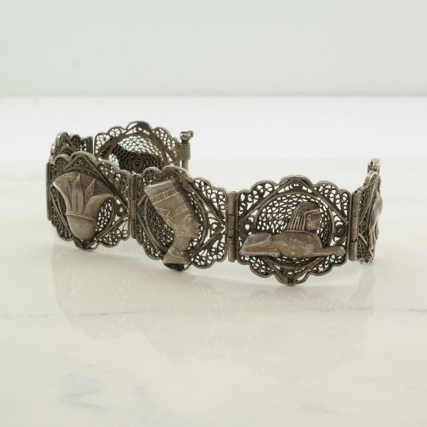 Archeological Revival Sterling Silver Link Filigree Bracelet