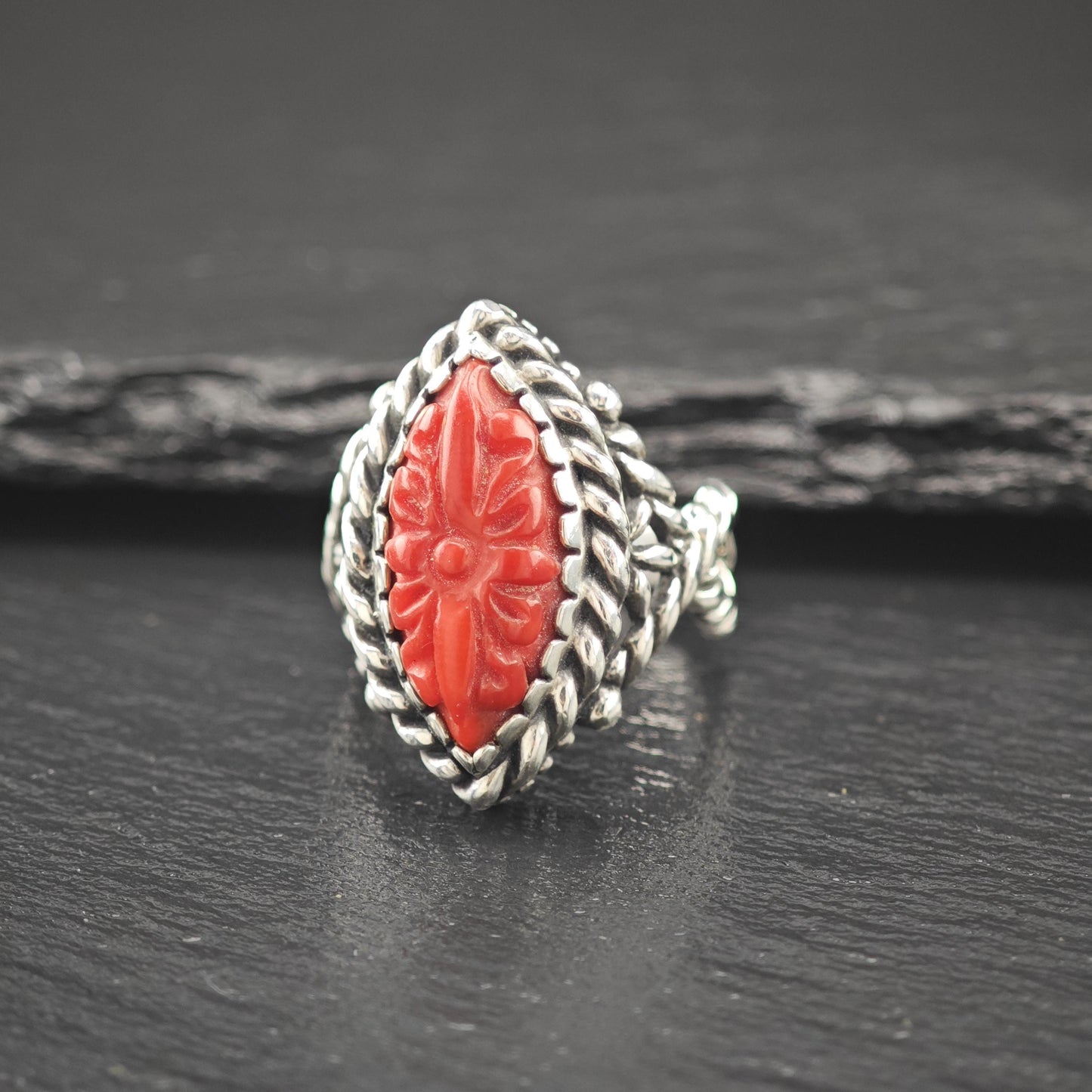 Carolyn Pollack Carved Red Floral Ring Sterling Silver