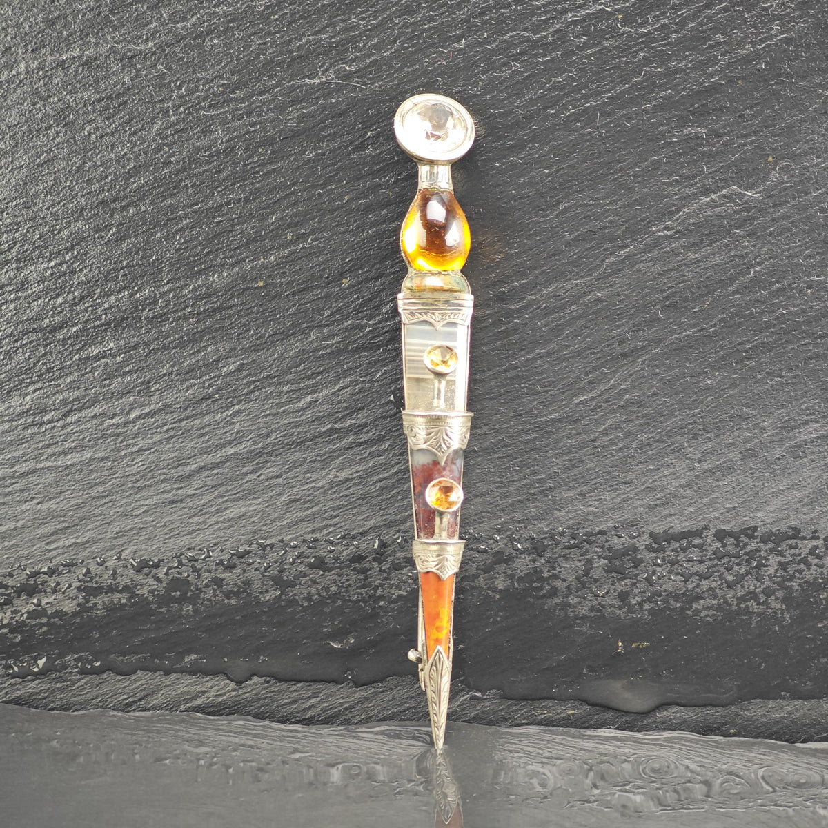Scottish Agate, Citrine Spire Dirk Kilt Brooch Sterling Silver B2248