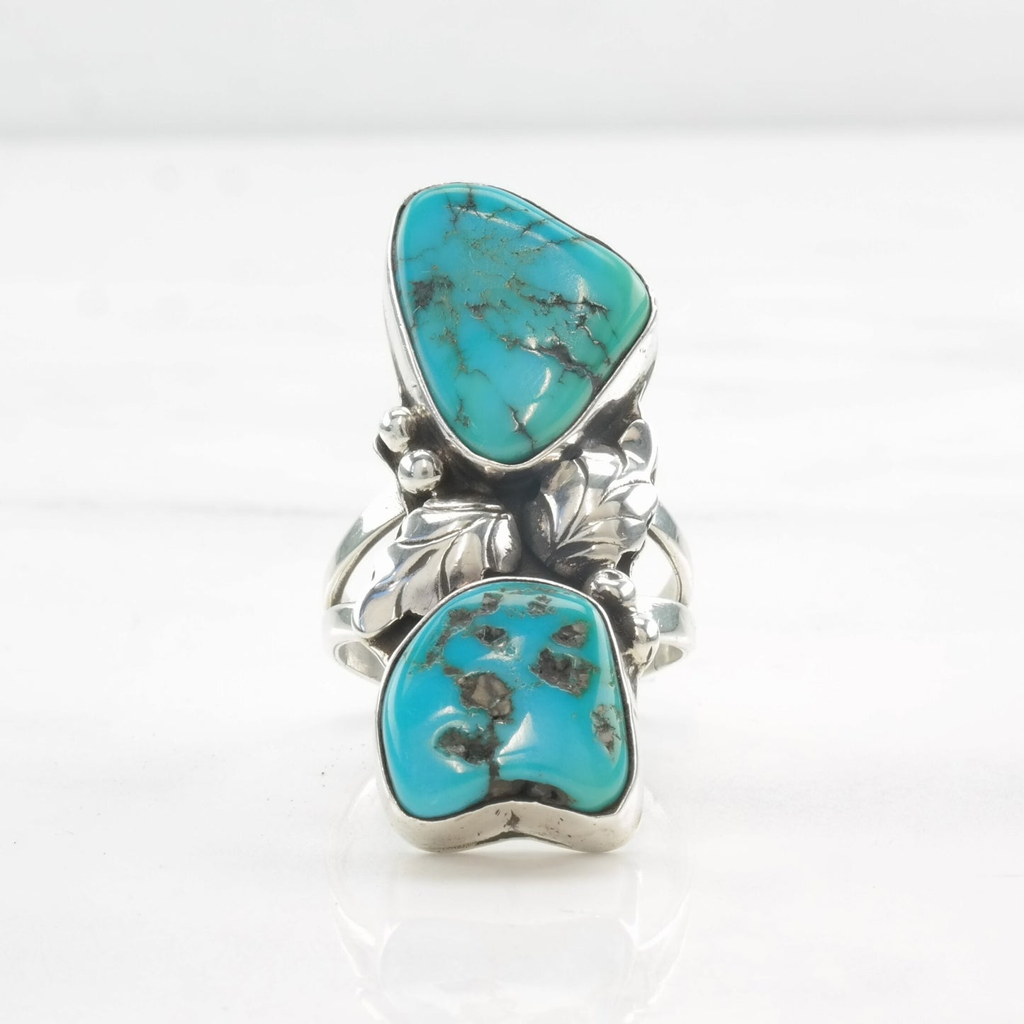 Native American Ring Two Stone Turquoise, Feather, Leaf Sterling Silver Size 7