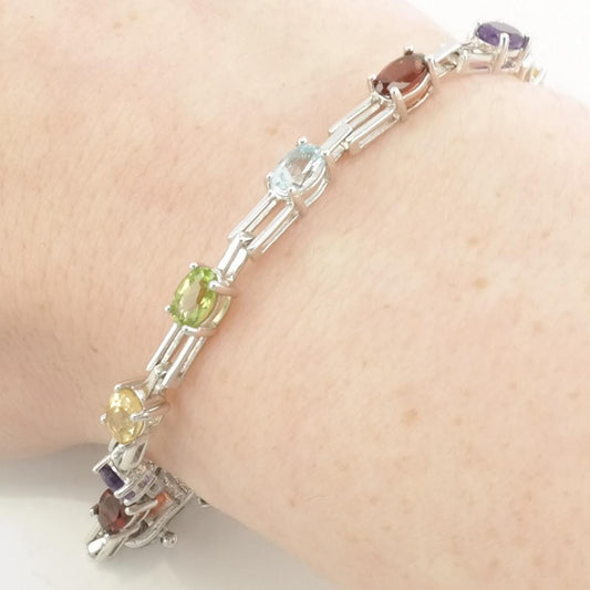 Vintage Sterling Silver Line Bracelet Amethyst, Peridot, Citrine, Topaz