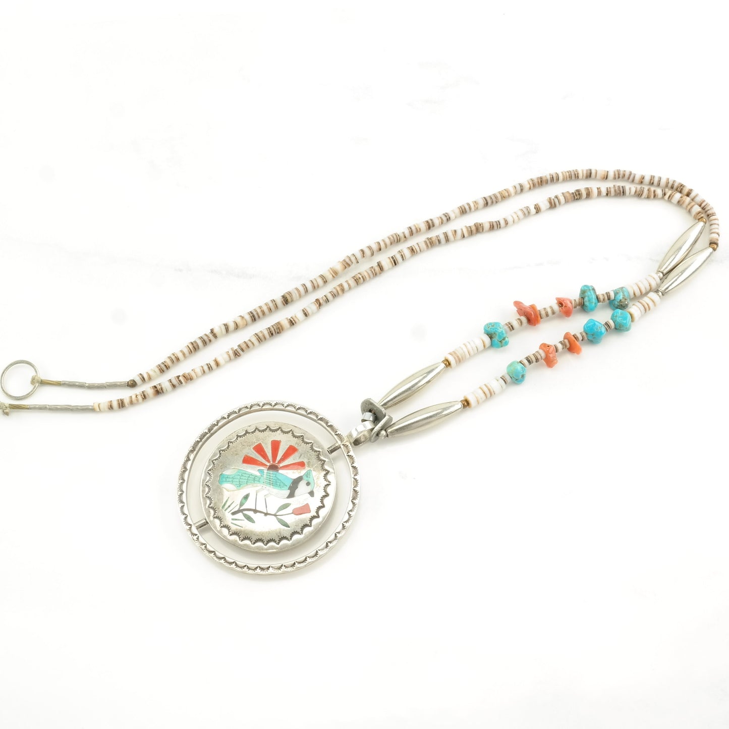 Native American Sterling Silver Turquoise, Coral Bird Inlay Necklace