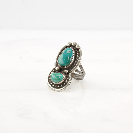 Native American Silver Ring Turquoise Double Stone Sterling Size 7 1/2