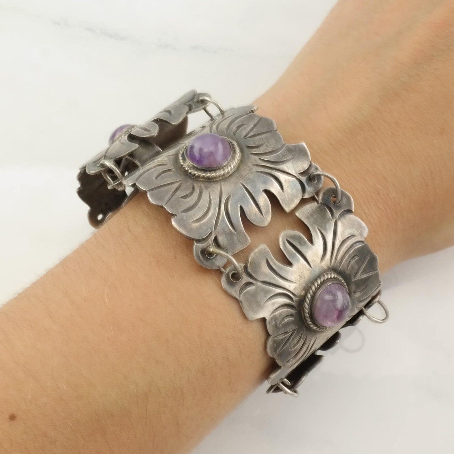 Pre Eagle, Taxco Sterling Silver Link Bracelet Amethyst