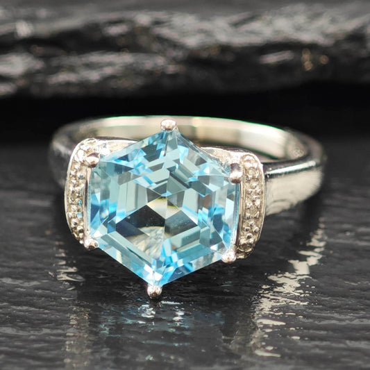Blue BBJ Topaz Sterling Silver Ring Diamond Accents Size 7 R6201
