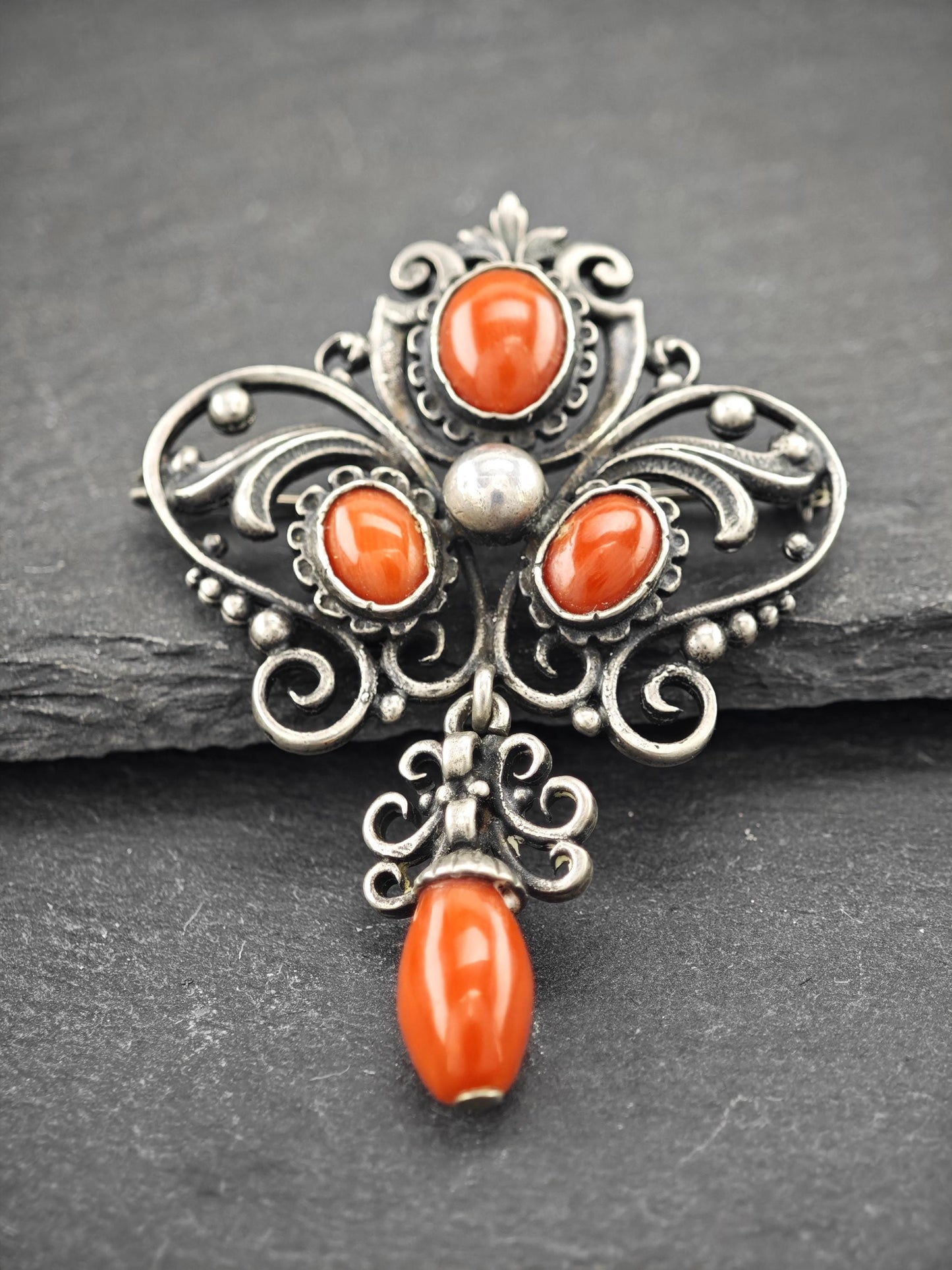 Late Victorian Red Coral Sterling Silver Brooch