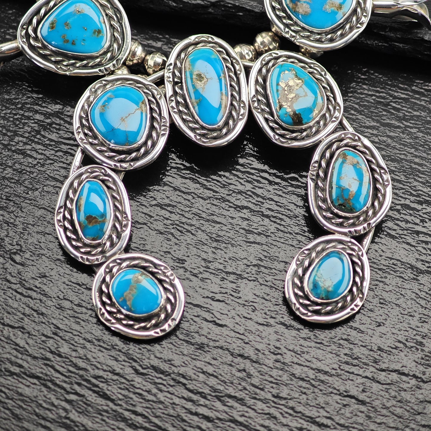 Large Southwest Blue Turquoise Squash Blossom Necklace and Earring Set in Sterling Silver