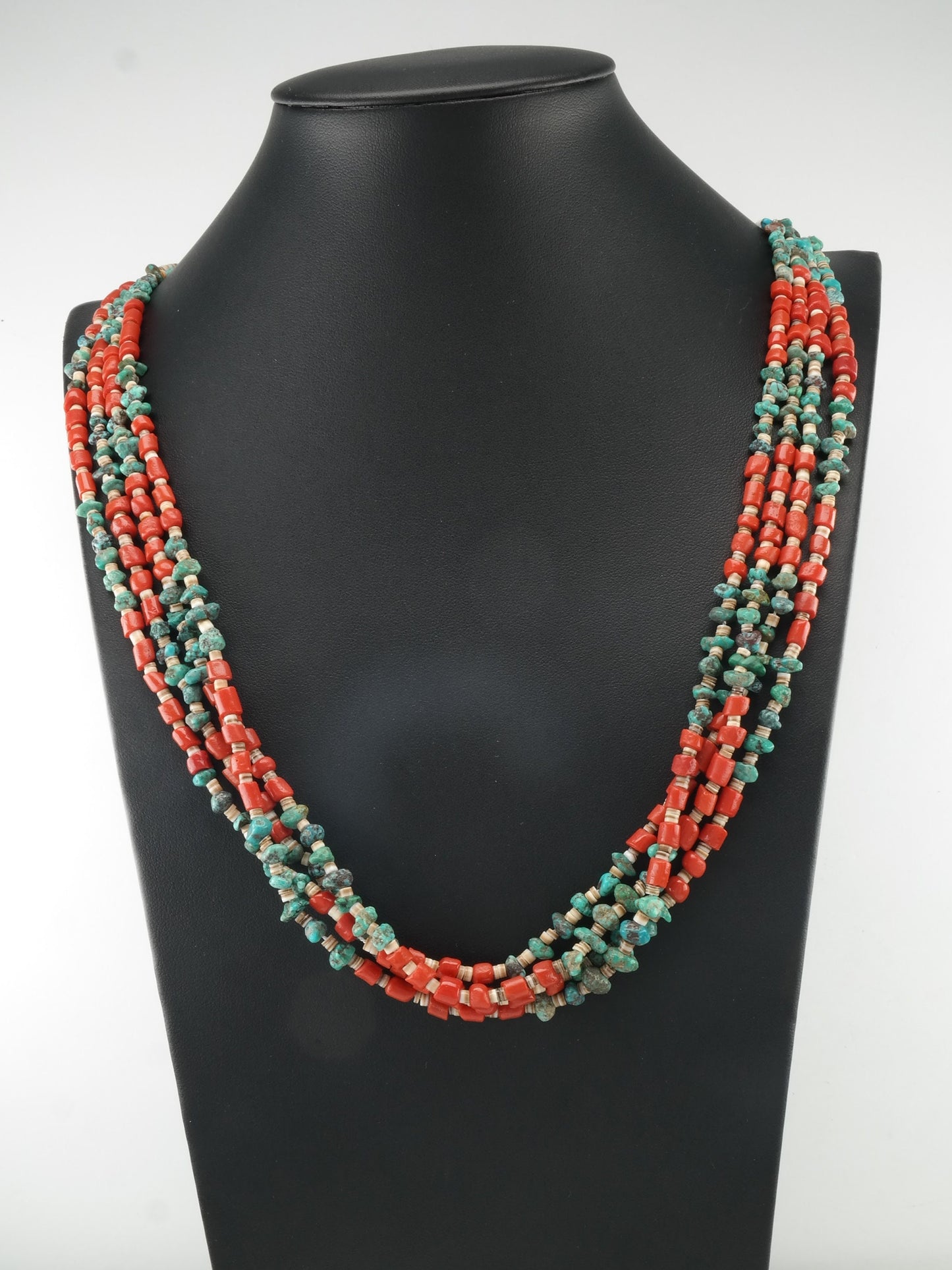 Native American Coral, Turquoise, Shell, Four Layer Heishi Necklace